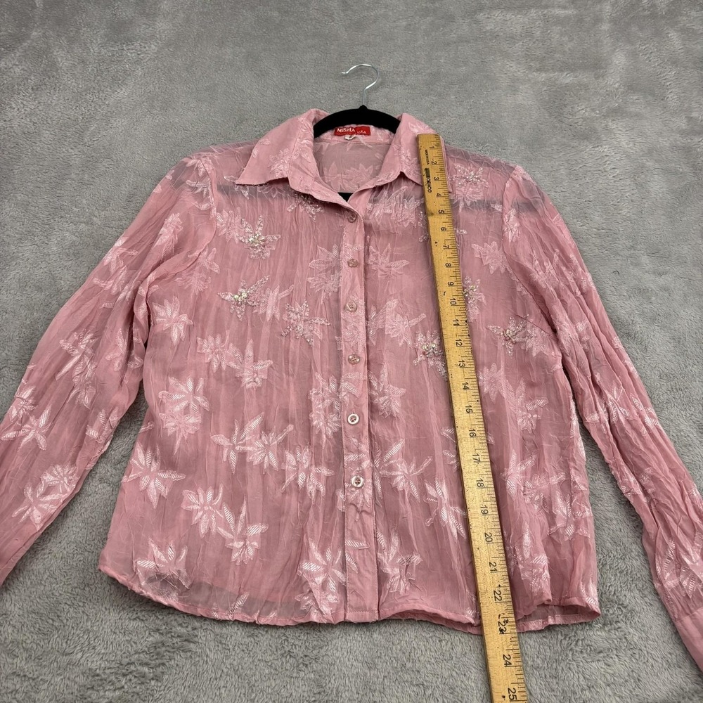 VTG 90s Y2K Sheer Floral Embroidered Beaded Button Up Top Womens S Pink Fairy - Picture 8 of 16